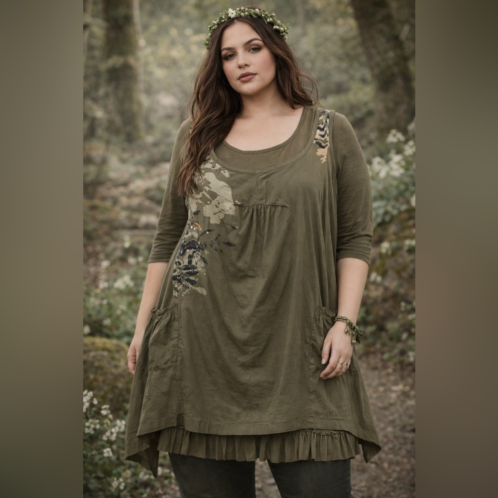 Taillissime Grunge Fairycore Olive Tunic Dress Embellished Artsy Lagenlook 18W